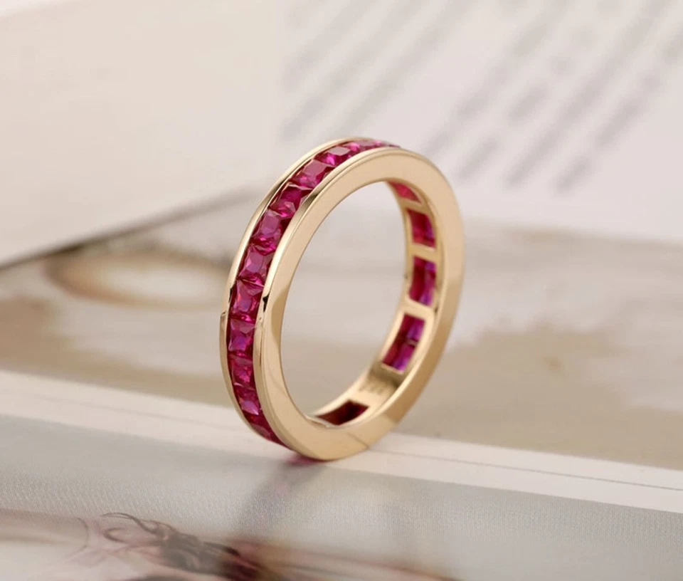 Ruby Wedding Band Ruby Full Eternity Band 925 Sterling Silver Gold Plated Band - Image 3 of 4