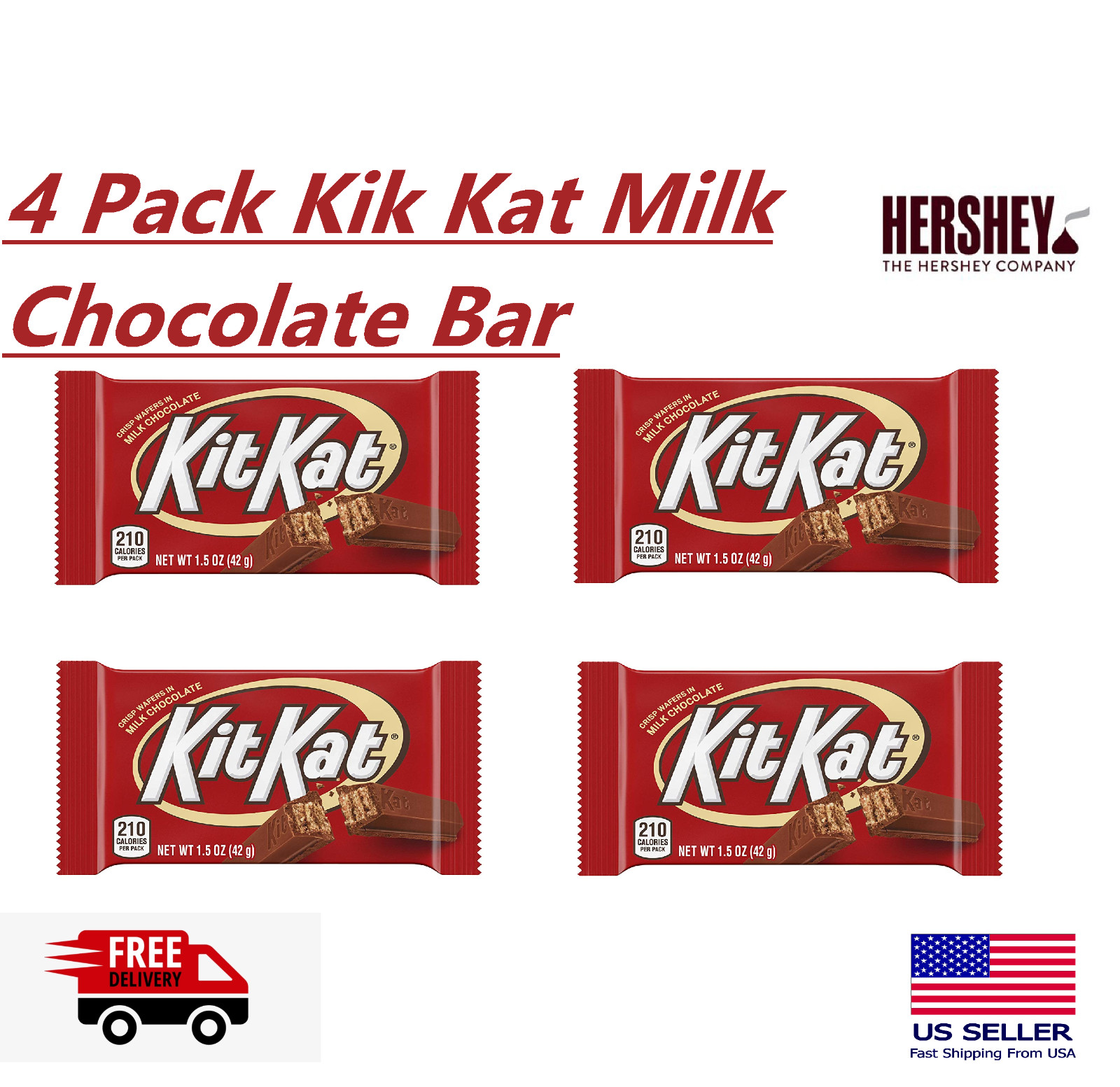 Kit Kat Candy, Milk Chocolate Pack of 4 Bars Free Shipping