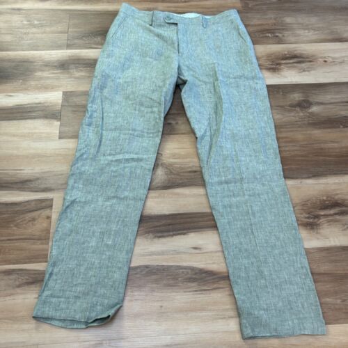 BAR III Pants Mens 33 x 32 Slim Fit 100% Linen Trouser Green Flat Front