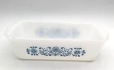 Glasbake White Milk Glass 1.5 Qt Loaf Bread Pan J522 Blue Flowers Made in USA