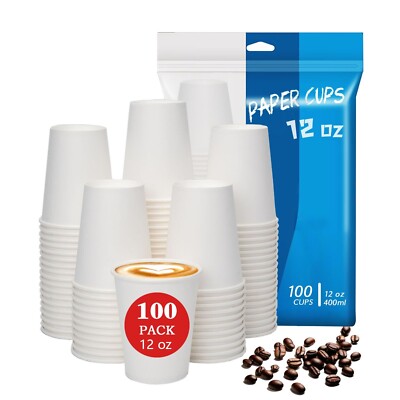 100 Count 12 oz Paper Cups, Hot Paper Coffee Cups 12 oz, Leak-Proof Disposabl...
