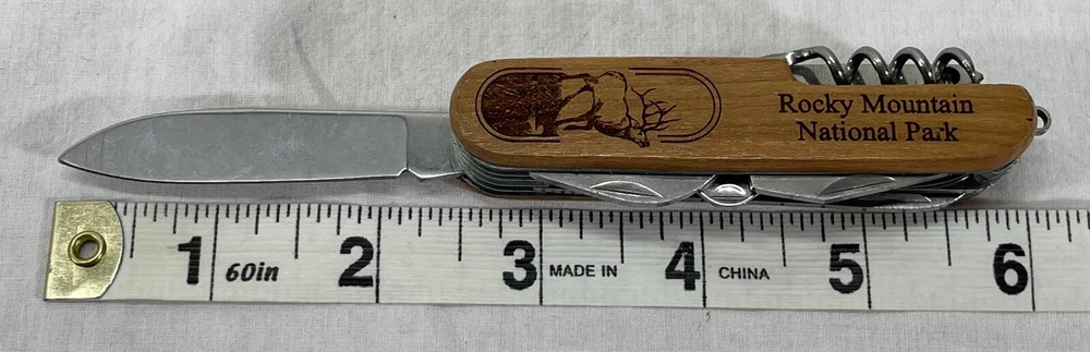 Multi Tool 3 1/2" Pocket Knife Engraved Rocky Mountain National Park Wood Handle