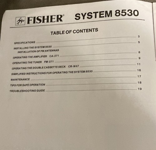 Vintage Fisher 8530 System Operating Instructions- Manual Only - Picture 5 of 5