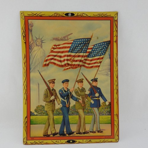 Vintage 1940 WWII US Flag Military Embossed Wall Hang Up 8x11" Cardboard