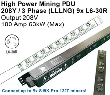 208V WYE 3P High Power PDU - 9x L6-30R 180A 45kW Breakers 208V Output For Mining