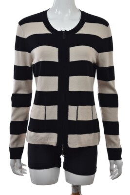Gerry Weber Edition Sweater Size 10 Black Striped Long Sleeve Full Zip Top Shirt