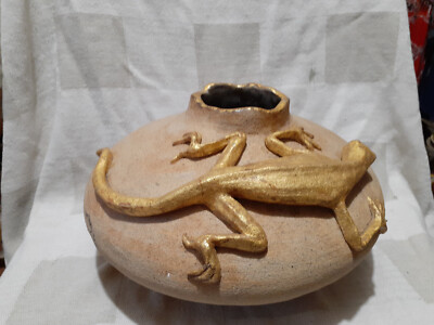 F. Brower Southwestern Style Pottery Vase with Gold Leaf Large Lizard