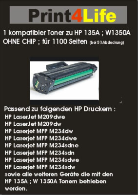 Kein Chip Toner Kompatibel Für HP W1350A 135A LaserJet M209dwe M209dw MFP M234dw