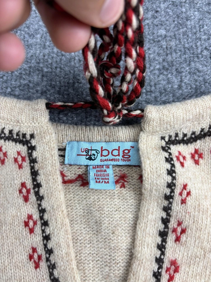 BDG Sweater Womens Medium Beige Wool Blend Lace Up Embroidered Fair Isle Boho - Image 2 of 4