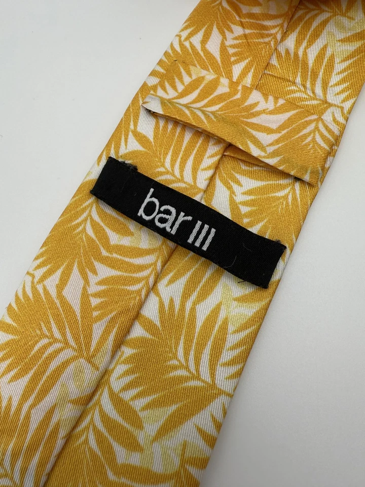 Gravata Bar III masculina amarela branca estampa de folha de palmeira fina moderna floral festa de casamento - Imagem 2 de 3