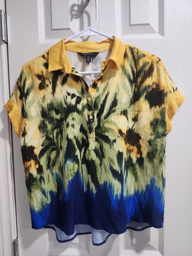 Investments Petites PS Blouse Rayon Nylon Abstract Floral Button Top Yellow Blue