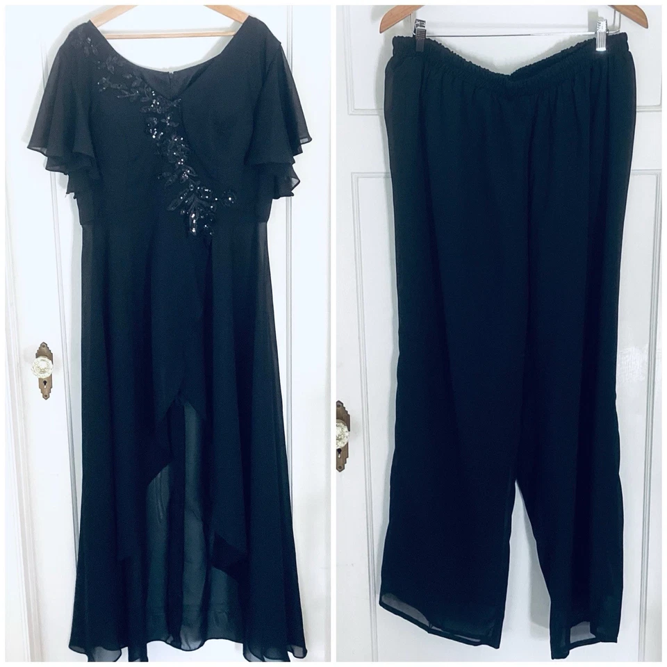 2 Ps Madre de la Novia Formal Evento Fiesta Pantalón Traje Negro Gasa Talla 18 Foto 2 de 4