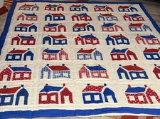Vintage Primitive Americana Schoolhouse Quilt Red White & Blue