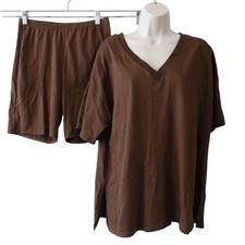 Brown 2 Pc Short Set Lounge V-Neck Top Women Size M Casual Summer Vacation