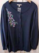 Woman Within CARDIGAN Plus Size L 18/20 Navy Blue Purple Floral Embroidery NWOT