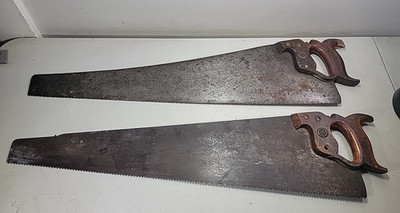 LOT OF 2 VINTAGE 26'' WARRANTED SUPERIOR HAND SAW LOT W/ 1883 PATENT ON HANDLES 