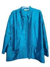 Chico's Teal Silk Embroidered Open Front Lightweight Jacket Size 2 Large Vintage