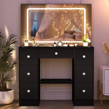 7 Drawers Vanity Desk with Large Makeup Mirror Black Dressing Table For Bedroom