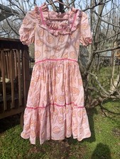 Pink Floral Ruffle A-Line Knee Length Dress Puff Sleeve Square Neck Size s/m
