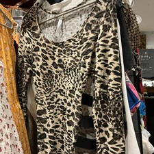 Women  s Beige/Black Leopard Animal Print Scoop Neck Long Sleeve Midi Dress S