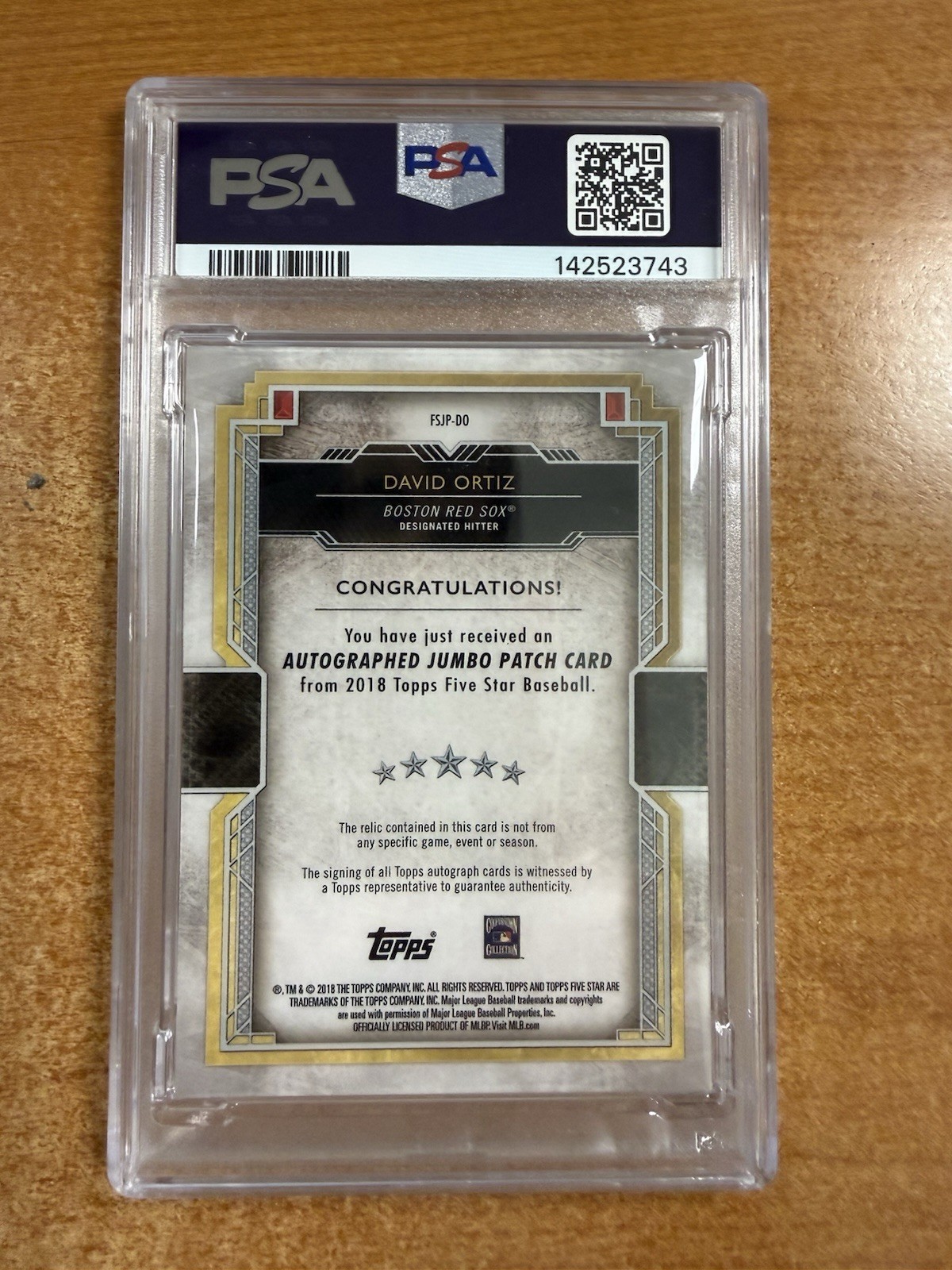 2018 Topps Five Star Autograph Jumbo Patch David Ortiz #/10 PSA 9 Patch Inscribe view 2