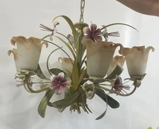 Vintage Toleware 6 Arm Chandelier Girls Room Pink Lilly Floral Cottagecore 27x16