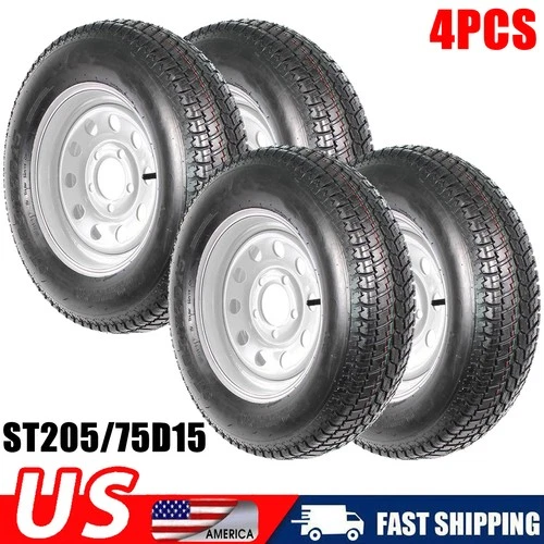 4 PCS ST205/75D15 Trailer Tires with 15" Rims, 5 Lug on 4.5", Load Range C, 6PR