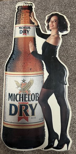 1989 Michelob Dry Dye Cut Bottle Metal Man Cave Sign Beer Hot Woman 35.5”x17”