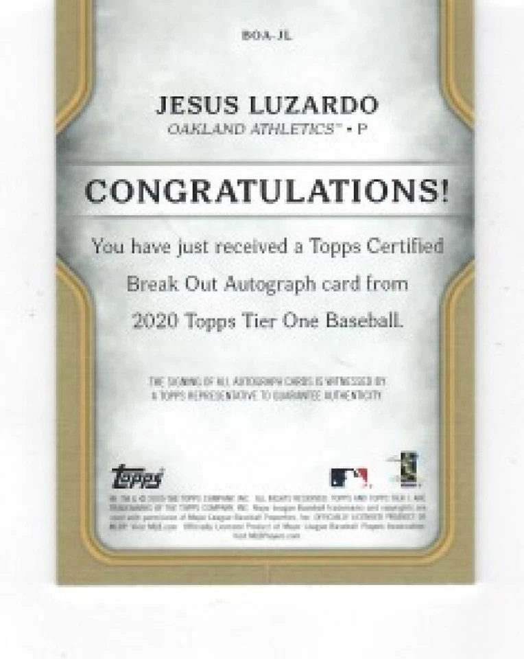 2020 Topps Tier One Break Out Autographs #BOA-JL Jesus Luzardo Autograp ID:63539 - Image 2 of 2