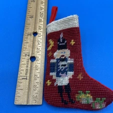 vintage mini CHRISTMAS STOCKING ORNAMENT Needlepoint Petit Point Nutcracker 3.5"
