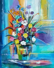 original oil painting on canvas. Colorful one of a kind, modern flowers in vase 