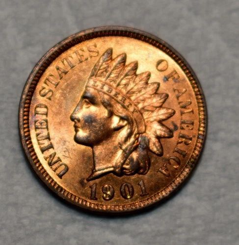 Uncirculated 1901 Indian Head Cent, 90% Original Red w/ Semi Proof-Like Surfaces