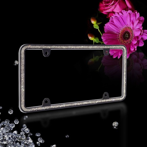 Super Bling 2 Row GREY Glass CRYSTAL BLACK Metal License Plate Frame - Picture 2 of 4