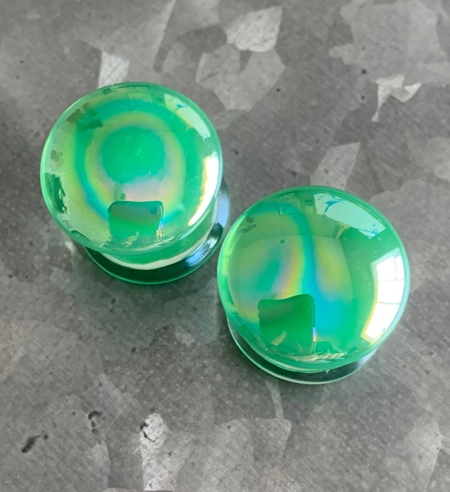 PAIR Pearl Green Design Pyrex Glass Double Flare Plugs Gauges Body Jewelry  - Image 4 of 4