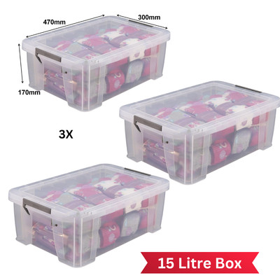 3 x 15L Kunststoff Aufbewahrungsbox Clip Verschluss Stark Stapelbar Box Laden Küche Zuhause