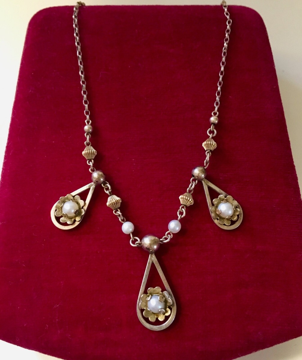 VINTAGE 10K GOLD GF REAL PEARL DROP FESTOON NECKLACE LOUIS STERN