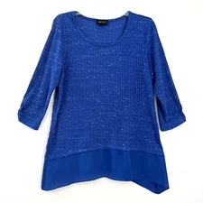 AB Studio Size L Rich Blue Knit Top Flounce Hem Fitted Sleeves Lightweight