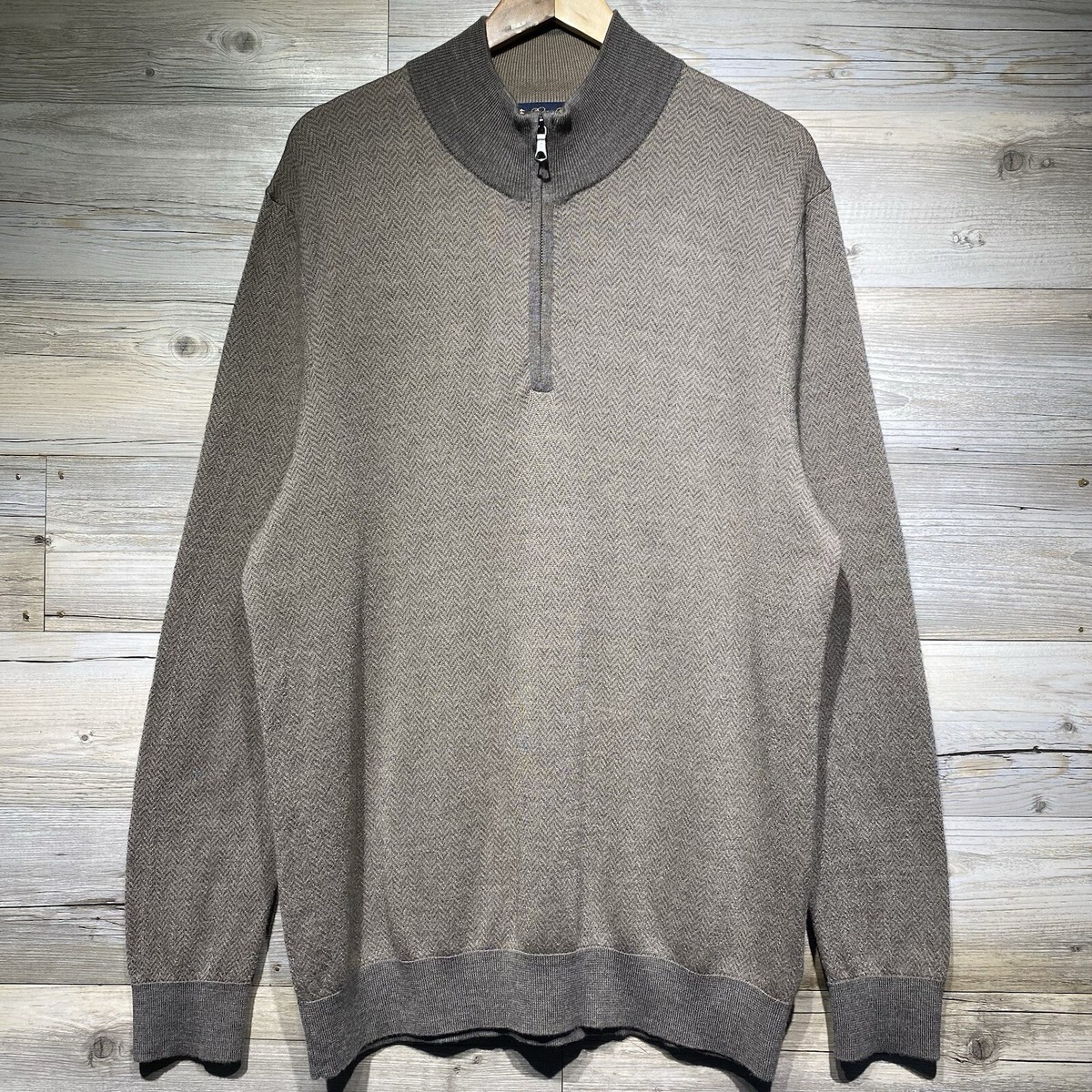 Brooks Brothers Extra Fine Merino Wool 1/4 Zip Sweater Mens XL Brown  Herringbone