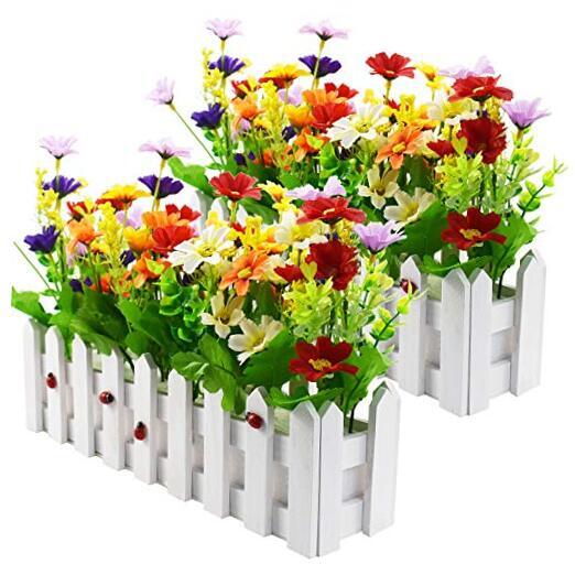 Artificial Flower Plants - Mixed Color Daisies in Picket Fence Pot for Indoor
