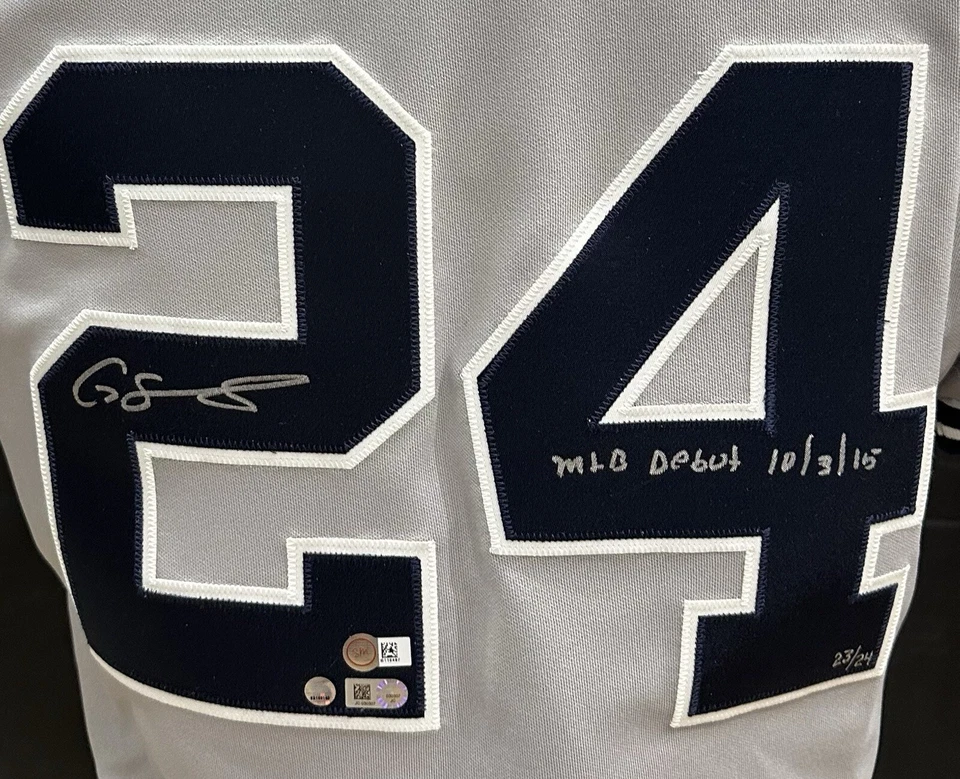 Camiseta Majestuosa Auténtica Firmada por Gary Sánchez de los Yankees/24 MLB Debut Auto Steiner Foto 2 de 4