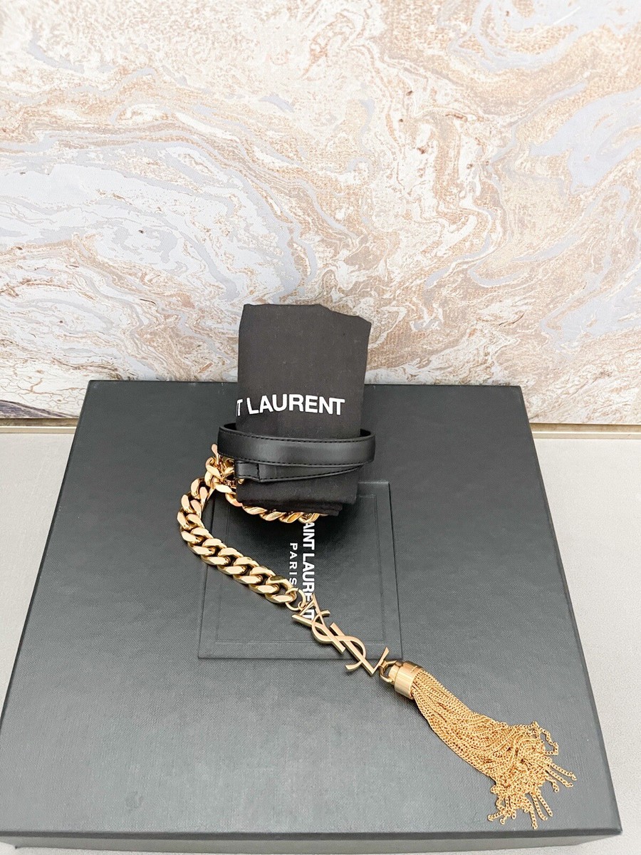 Saint Laurent Monogram YSL Logo Gold Tassel Black Leather