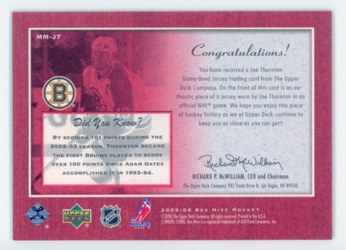 2005-06 Upper Deck Bee Hive Matted Materials #MM-JT Joe Thornton - Picture 2 of 2