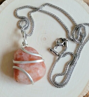 Silver Wire Wrap Sunstone Healing Tumble Pendant Stainless Steel Mesh Necklace