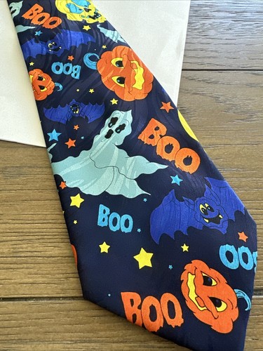 Vtg Keith Daniels Halloween Necktie Mens Tie Multicolor Spooky Boo 57"x 3 7/8" - Picture 2 of 8