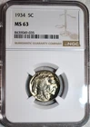 NGC MS-63 1934-P Buffalo Nickel, Radiant, Iridescent Toned, PQ specimen.