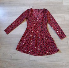 H&M Burgundy Leopard Print Short Wrap Dress Side Button Flared Smart Retro UK8