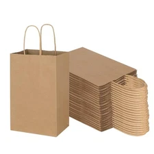 100 Pack 5.25x3.25x8.25 Inch Small Plain Brown Kraft Paper Bags with Handles Bul