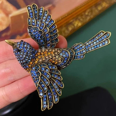 Vintage Blue Rhinestone Flying Bird Brooch Sparkling Crystal Pin