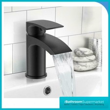 Matt Black Waterfall Basin Mixer Tap Round Mono Sink + Click Clack Waste