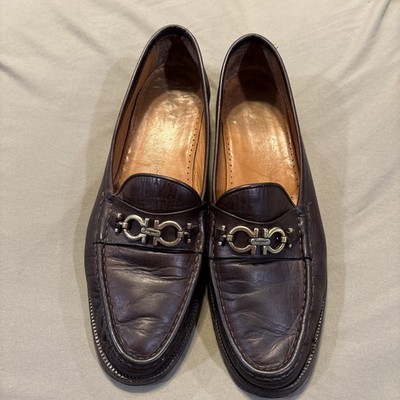 Mens Salvatore FERRAGAMO Gancini Bit Script  Loafer Brown Leather  Size 10.5B